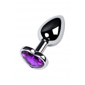 Серебристая коническая анальная пробка с фиолетовым кристаллом-сердечком - 7 см. - ToyFa - купить с доставкой в Евпатории