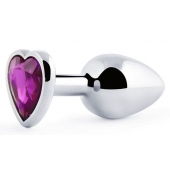 Серебристая анальная пробка с фиолетовым кристаллом-сердечком - 8 см. - Anal Jewelry Plug - купить с доставкой в Евпатории
