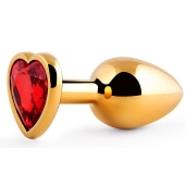 Золотистая анальная пробка с красным стразом-сердечком - 8 см. - Anal Jewelry Plug - купить с доставкой в Евпатории