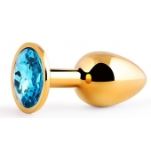 Золотистая анальная пробка с голубым стразом - 7,2 см. - Anal Jewelry Plug - купить с доставкой в Евпатории