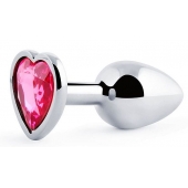 Серебристая анальная пробка с розовым кристаллом-сердечком - 7 см. - Anal Jewelry Plug - купить с доставкой в Евпатории