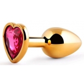 Золотистая анальная пробка с малиновым кристаллом-сердечком - 7 см. - Anal Jewelry Plug - купить с доставкой в Евпатории