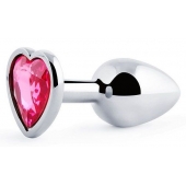 Серебристая анальная пробка с малиновым кристаллом-сердечком - 7 см. - Anal Jewelry Plug - купить с доставкой в Евпатории