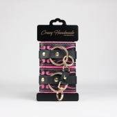 Черные кожаные наручники с розовой строчкой - Crazy Handmade - купить с доставкой в Евпатории