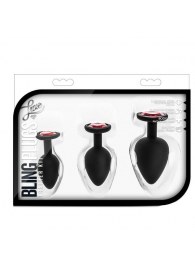 Набор черных анальных пробок с красным кристаллом-сердечком Bling Plugs Training Kit - Blush Novelties - купить с доставкой в Евпатории