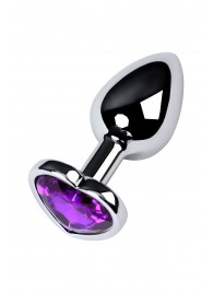 Серебристая коническая анальная пробка с фиолетовым кристаллом-сердечком - 7 см. - ToyFa - купить с доставкой в Евпатории