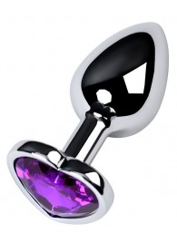 Серебристая коническая анальная пробка с фиолетовым кристаллом-сердечком - 7 см. - ToyFa - купить с доставкой в Евпатории