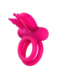 Розовое эрекционное виброкольцо Silicone Rechargeable Dual Butterfly Ring - California Exotic Novelties - в Евпатории купить с доставкой