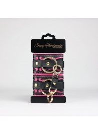 Черные кожаные наручники с розовой строчкой - Crazy Handmade - купить с доставкой в Евпатории