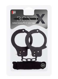 Чёрные наручники из листового металла в комплекте с веревкой BONDX METAL CUFFS LOVE ROPE SET - Dream Toys - купить с доставкой в Евпатории