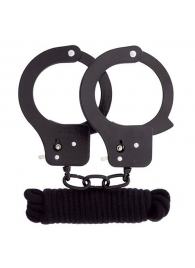 Чёрные наручники из листового металла в комплекте с веревкой BONDX METAL CUFFS LOVE ROPE SET - Dream Toys - купить с доставкой в Евпатории