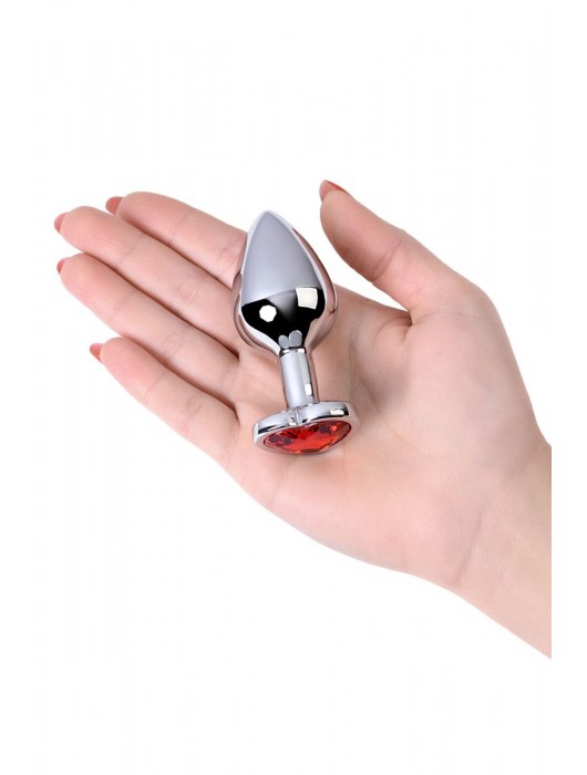 Серебристая коническая анальная пробка с красным кристаллом-сердечком - 7 см. - ToyFa - купить с доставкой в Евпатории