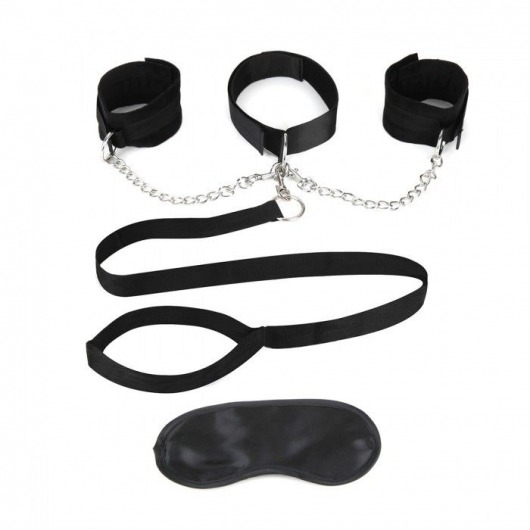 Чёрный ошейник с наручниками и поводком Collar Cuffs   Leash Set - Lux Fetish - купить с доставкой в Евпатории