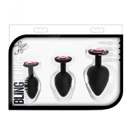 Набор черных анальных пробок с красным кристаллом-сердечком Bling Plugs Training Kit - Blush Novelties - купить с доставкой в Евпатории