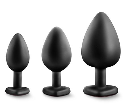 Набор черных анальных пробок с красным кристаллом-сердечком Bling Plugs Training Kit - Blush Novelties - купить с доставкой в Евпатории