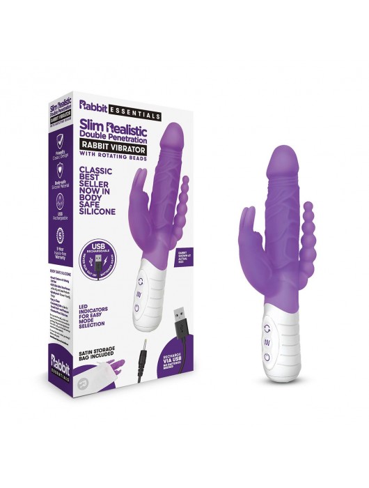 Фиолетовый перезаряжаемый вибратор с 2 дополнительными отростками - 22 см. - Rabbit Essentials