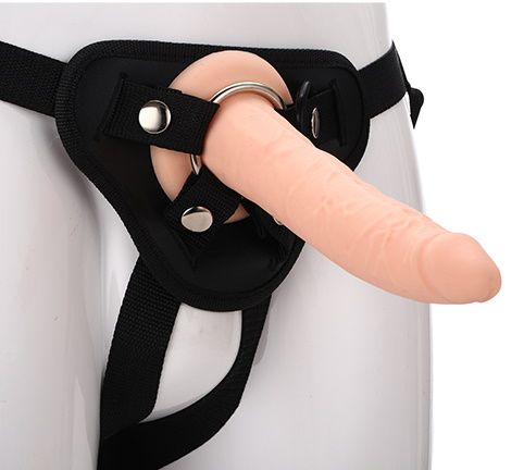 Телесный страпон на черных трусиках STRAP ON REAL DILDO - 20 см. - Dream Toys - купить с доставкой в Евпатории