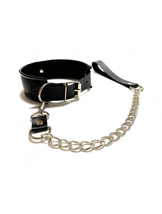 Черный ошейник с поводком из эко-кожи - БДСМ Арсенал - купить с доставкой в Евпатории
