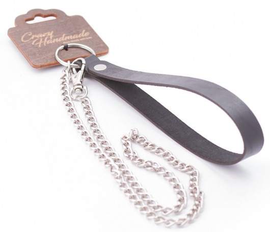 Серебристый металлический поводок с кожаной черной ручкой - 80 см. - Crazy Handmade - купить с доставкой в Евпатории