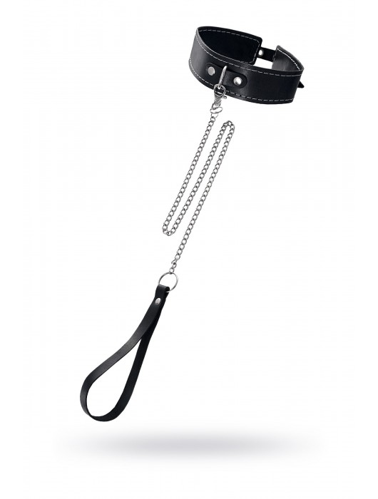 Кожаный двухслойный ошейник с белой строчкой и поводком - Pecado - купить с доставкой в Евпатории