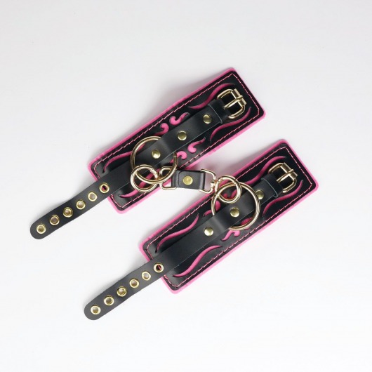 Черные кожаные наручники с розовой строчкой - Crazy Handmade - купить с доставкой в Евпатории