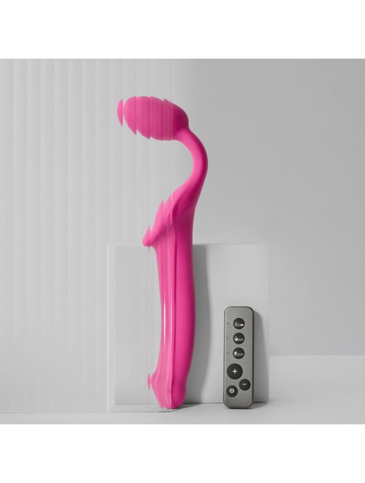 Ярко-розовый безремневой страпон Strap-on-me Vibrating Bendable Strap-On size L - Strap-on-me - купить с доставкой в Евпатории