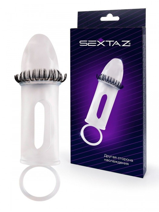 Закрытая насадка на пенис с подхватом мошонки и стимулирующими «ресничками» - Sextaz - в Евпатории купить с доставкой