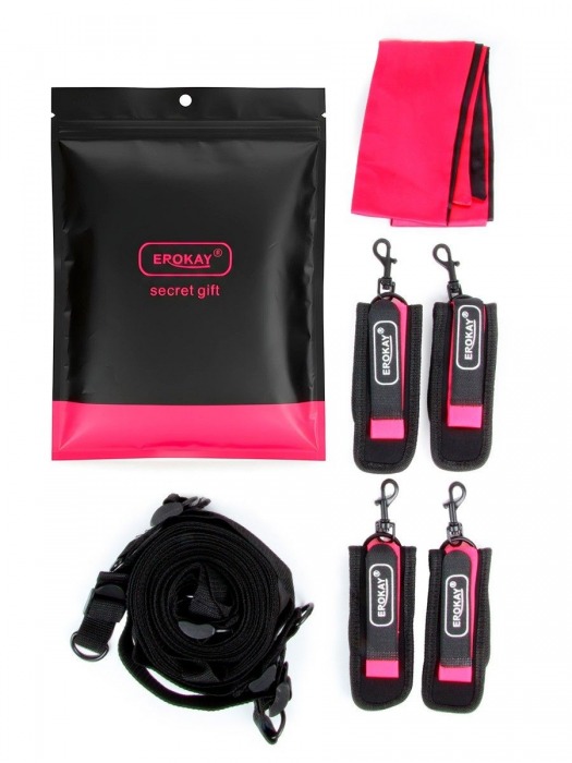 Черно-розовый эротический набор: фиксатор, оковы, наручники, повязка - Erokay - купить с доставкой в Евпатории