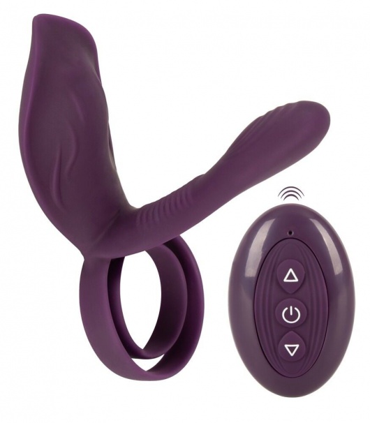 Фиолетовая насадка на член с клиторальным отростком и пультом ДУ RC Couple’s Vibrator 2 - Orion - в Евпатории купить с доставкой