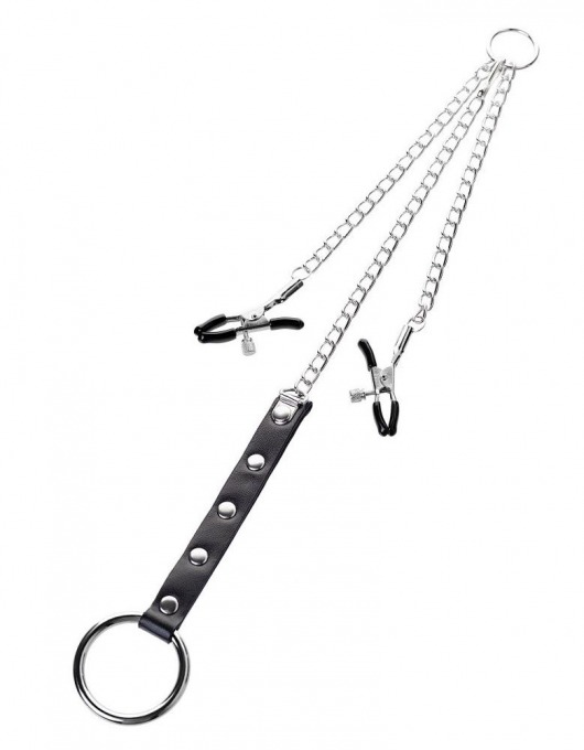 Серебристо-чёрные зажимы для сосков с кольцом для пениса TOYFA Metal - ToyFa - купить с доставкой в Евпатории